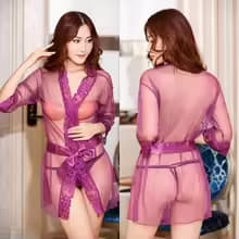 mesh bathrobe sexy lace transparent v neck cardigan pajamas women's nightgown