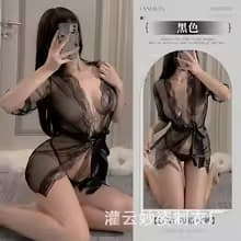 mesh bathrobe sexy lace transparent v neck cardigan pajamas women's nightgown